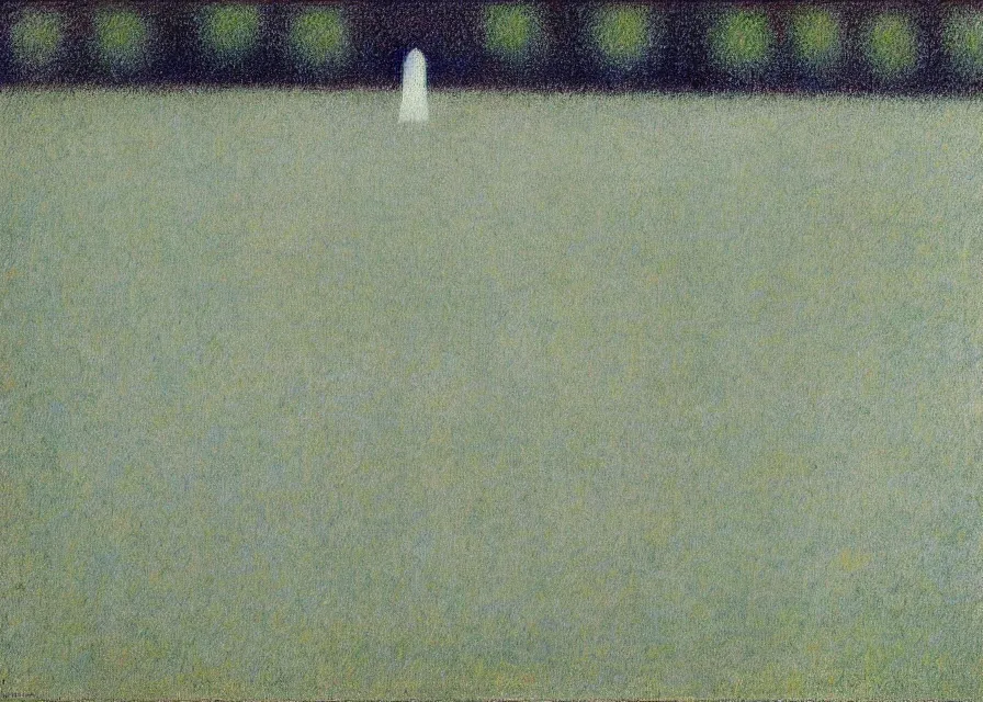 Image similar to white sheet ghost standing in an empty field, by georges seurat