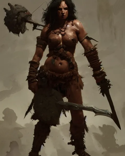 Image similar to barbarian warrior girl, full body, cinematic, artstation, cgsociety, greg rutkowski, james gurney, mignola, craig mullins, brom