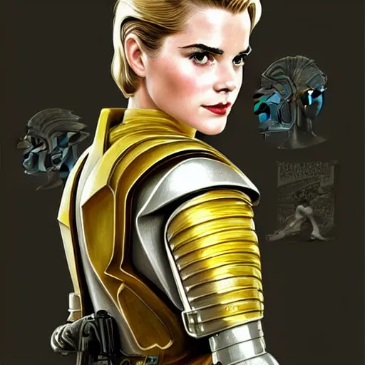 Prompt: A combination of Grace Kelly's and Emma Watson's and Ashley Greene's appearances with blonde hair wearing Master Chief's armor, full body portrait, D&D, fantasy, intricate, elegant, highly detailed, digital painting, artstation, concept art, matte, sharp focus, illustration, art by Donato Giancola and James Gurney