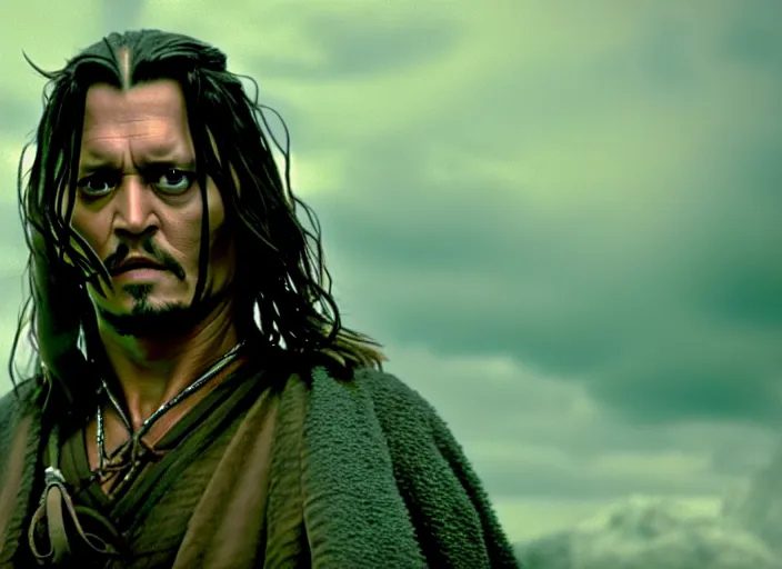 Prompt: filmstill johnny depp as aragorn, 1 0 0 mm lens, canon eos, red cinema camera, frontal view, dynamic pose, intricate, elegant, highly detailed, centered, redshift, octane, smooth, sharp focus, zeiss lens,