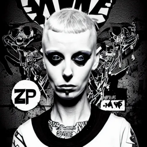 Image similar to die antwoord chappie, back and white, zef design graffiti in the background, dark lighting, digital art