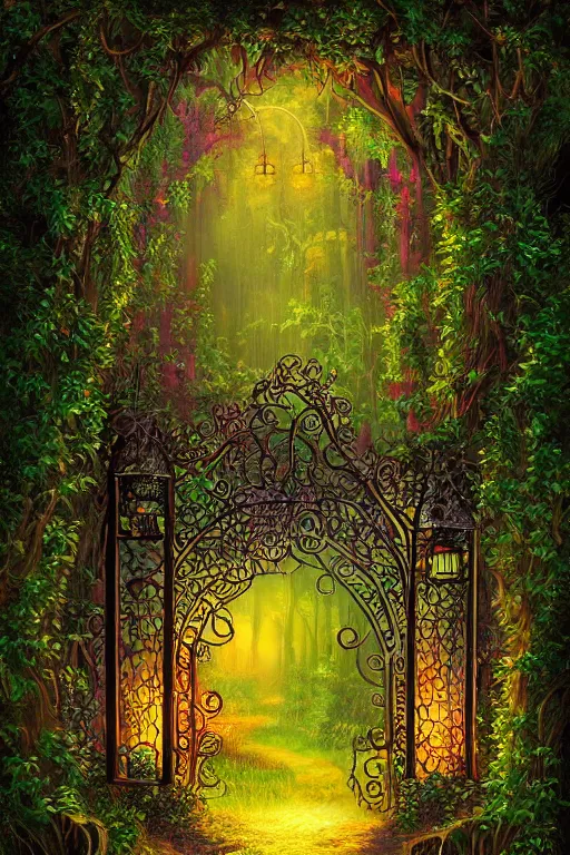 Prompt: a beautiful digital illustration painting of a detailed gothic fantasy fireflies forest trees and iron gate vines by lisa frank, james gurney, 8 k resolution trending on artstation concept art digital illustration