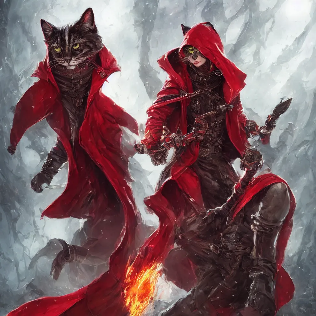 Prompt: Badass confident antropomorphic cat, wearing a red hooded overcoat with black pants and boots, fingerless gloves, branding a big enchanted sword, hack'n slash cover, highly detailed, trending on artstation, digital art, game cover, action, art by marc simonetti and rossdraws, cinematic, fantasy art, hyperrealistic