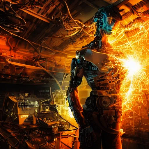 Image similar to cyborg with gatlinger gun hands, tangles of metallic cables, dark messy smoke - filled cluttered workshop, dark, dramatic lighting, orange tint, sparks, plasma charges, cinematic, highly detailed, sci - fi, futuristic, movie still