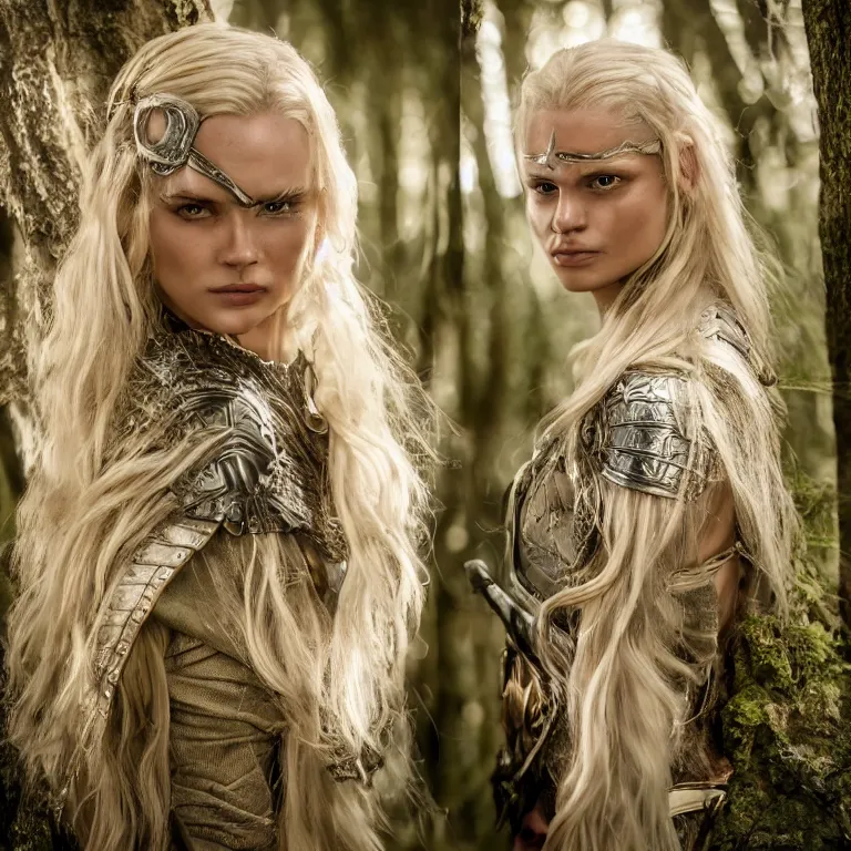 Prompt: 5 5 mm portrait photo of an armored gorgeous anesthetic blonde woman warrior, in a magical forest in the style of lord of the rings, highly detailed 8 k. intricate. lifelike. soft light. nikon d 8 5 0. cinematic post - processing