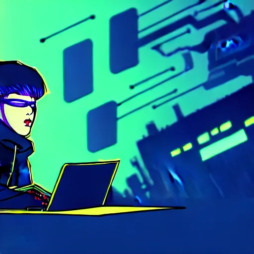 Prompt: a cyberpunk teenager boy with a black hoodie sitting behind his laptop and programming, on the background a huge evil Transformer robot is destroying the city while army helicopters are trying to attack it, digital art, trending on Artstation