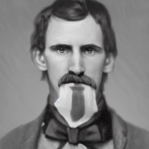 Image similar to A photograph portrait of Jerma985 with a pyramidal mustache in the early 1800s, taken in the early 1800s, 1840s, grainy, taken on a Field View Camera, realistic, hyperrealistic, very realistic, highly detailed, very detailed, extremely detailed, detailed, digital art, trending on artstation
