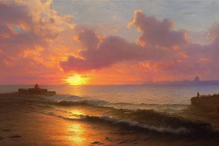 Image similar to sunset over a wooden cabin on the coast in the distance, sea, oil painting, very detailed, colorful, cinematic lighting, albert bierstadt, trending on artstation