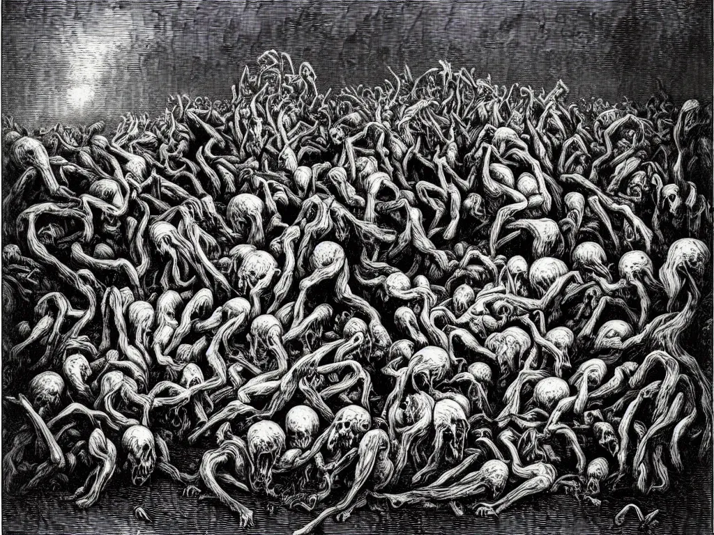 Image similar to tormented mushroom souls being taken by death. Fine art engraving by Gustave dore. 1868.