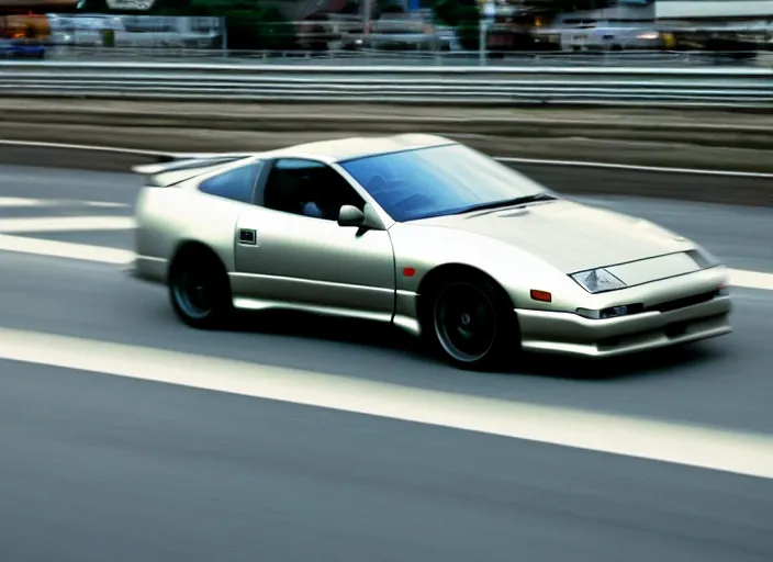 Image similar to Nissan 300ZX Z32 1999 racing down high way night time japan film photo motion blur front side view ((((Wadim Kashin Wenjun Lin))))