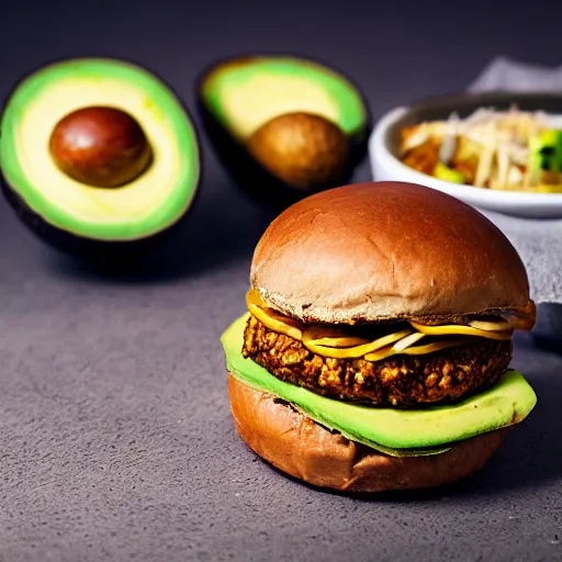 Image similar to juicy vegan hamburger topped with avocado and onion and a vegan fried egg, crispy buns, 8 k resolution, professional food photography, studio lighting, sharp focus, hyper - detailed