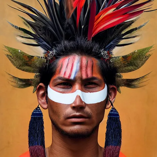 Prompt: a male tupi guarani warrior portrait with bird of paradise flower covering his face, art by marco mazzoni, dark background, asymmetrical, cinematic, colors red white blue and black