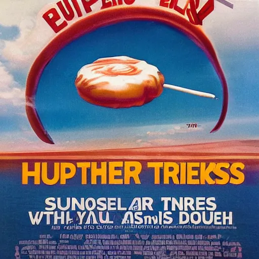 Image similar to Super high resolution, hyper-realistic, 8K, ray-traced, Film publicity poster for 1970s disaster movie of Earth being stuck by giant Tunnocks marsh mellow