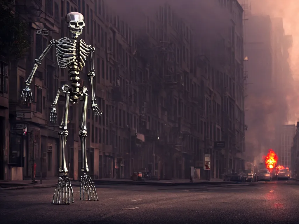 Prompt: t 1 0 0 endoskeleton on a city street, smoke, fi, chrome, shiny, reflective, metallic, 3 d, render, realistic, hdr, stan winston studios, dramatic lighting, flame colors bright