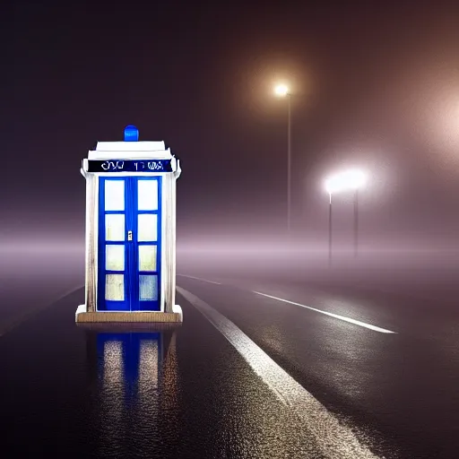 Image similar to a hyperdetailed photograph of the tardis sat on a futuristic street corner, night, dense fog, rain, hd, 8 k resolution