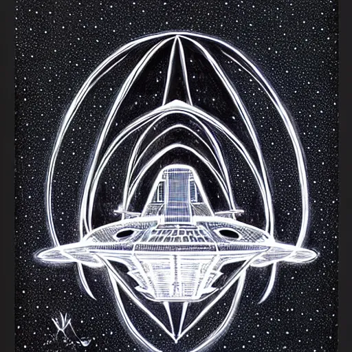 Prompt: starship enterprise, symmetry, black paper, by jean - baptiste monge