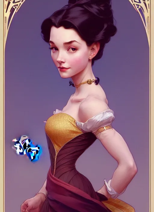 Image similar to portrait of disney belle, intricate, elegant, highly detailed, my rendition, digital painting, artstation, concept art, smooth, sharp focus, illustration, art by artgerm and greg rutkowski and alphonse mucha and uang guangjian and gil elvgren and sachin teng, symmetry!!