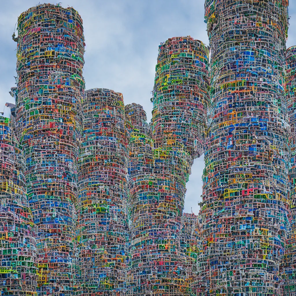 Prompt: circular towers, made up of colourful makeshift squatter shacks, vertical blank spaces, dystopia, sony a 7 r 3, f 1 1, fully frontal view, photographed by jeanette hagglund and terry gilliam