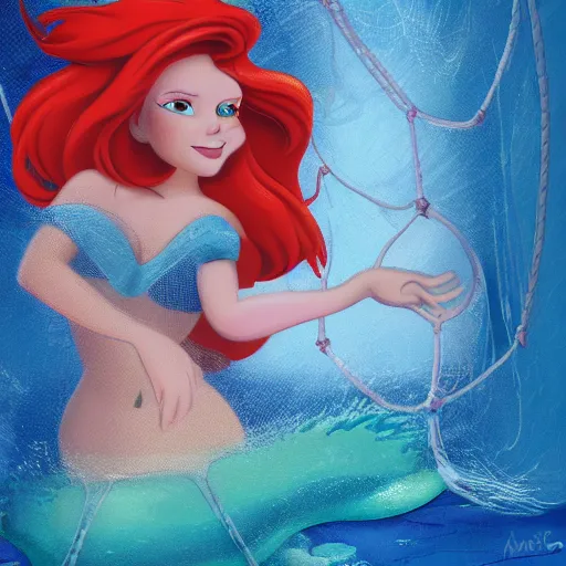 Image similar to disney poster of the little mermaid ariel trapped in a fishing net, distressed, sad, 4 k, artstation