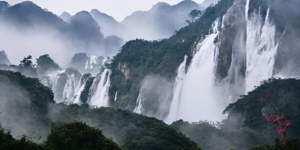 Image similar to Cloudy peaks in southern China with a waterfall, the style of National Geographic magazine