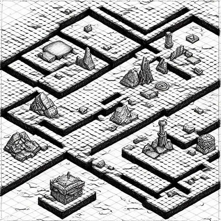 Image similar to an absurdly-detailed isometric fantasy scene pencil drawing as a fancy square tile