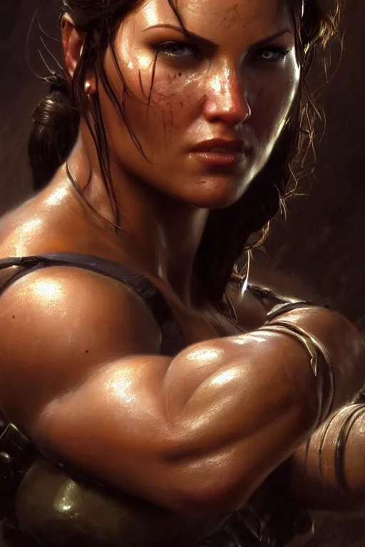 Image similar to muscular sweat lara croft, face close up, ambient occlusion, highly detailed painting by gaston bussiere, craig mullins, j. c. leyendecker 8 k