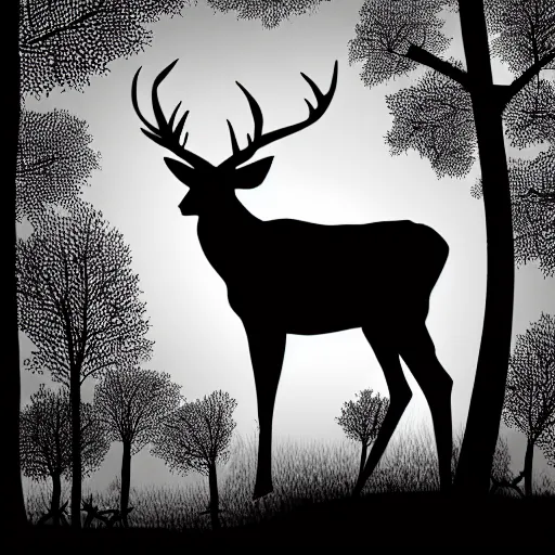 Prompt: negative space deer silhouette of a forest