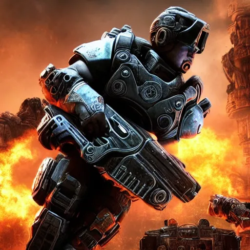 Prompt: Donald Trump as Masterchief in gears of war, splash art, movie still, detailed face, photorealistic facial features, cinematic lighting, dramatic, octane render, long lens, shallow depth of field, bokeh, anamorphic lens flare, 8k, hyper detailed, 35mm film grain