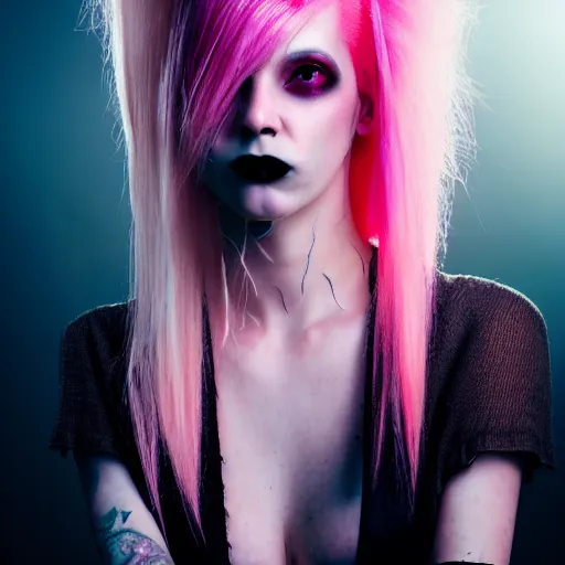 Image similar to photographic portrait of a stunningly beautiful gothic punk cyberpunk pink hair female in soft dreamy light at sunset, god rays, contemporary fashion shoot, by edward robert hughes, annie leibovitz and steve mccurry, david lazar, jimmy nelsson, breathtaking, 8 k resolution, extremely detailed, beautiful, establishing shot, artistic, hyperrealistic, beautiful face, octane render