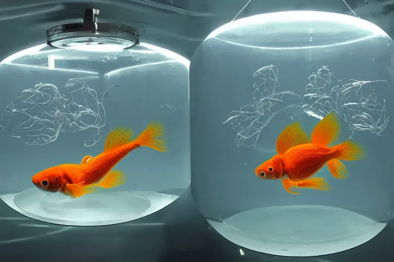 Prompt: There is a glass tank inlaid between the left and right brains, there are goldfish in the glass tank, and there is a wire connection between the brain and the glass tank