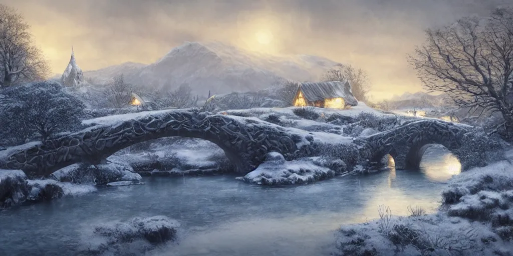 Image similar to Hobbiton near a frozen river during winter, evening, detailed matte painting, cinematic, Alan Lee, Artstation