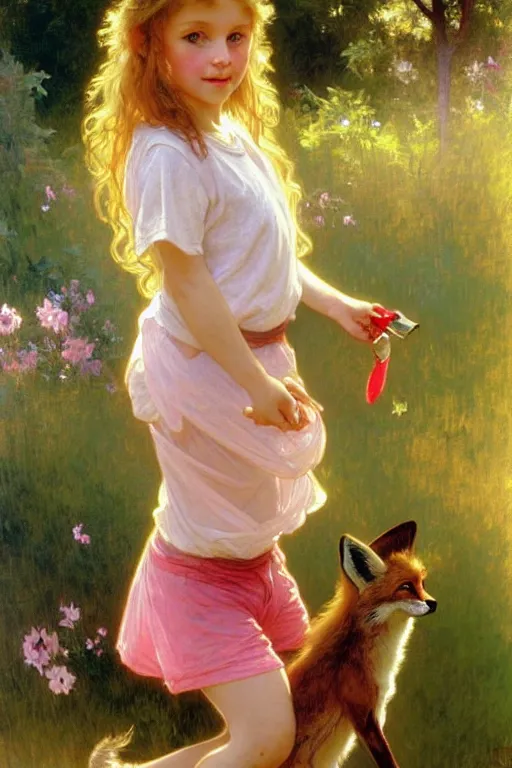 Image similar to a seven - year old girl with long curly dirty blonde hair, blue eyes, tan skin, a pink tee shirt, shorts, playing with a fox, painting by daniel gerhartz, alphonse mucha, bouguereau, detailed art, artstation, realistic fox