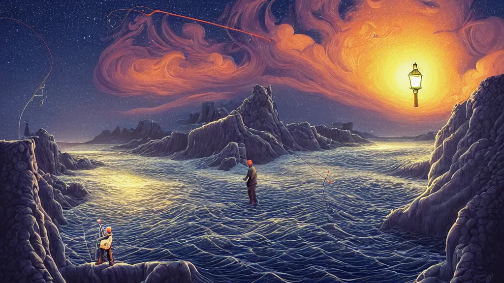 Prompt: 2 men fly fishing for salmon in iceland by cyril rolando and naomi okubo and dan mumford and ricardo bofill.. lovecraft.. cobbled streets.. oil lamp posts.. lovecraftian.. starry night swirly sky.