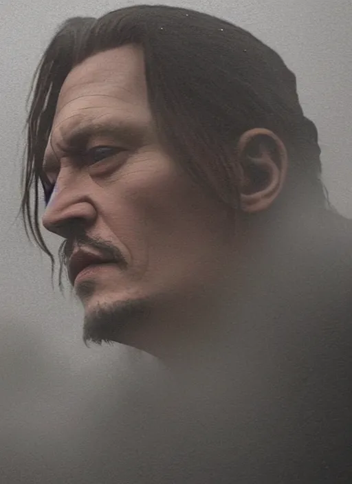 Image similar to screenshoot from david lynch weird movie, face centered portrait of johnny depp, confident, fog, rain, volumetric lighting, beautiful, golden hour, sharp focus, ultra detailed, cgsociety by leesha hannigan, ross tran, thierry doizon, kai carpenter, ignacio fernandez rios, noir photorealism, film