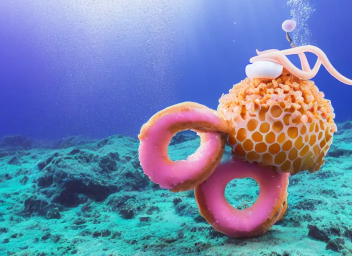 Prompt: underwater photo still of a squid with a donut on its head, 4 k, 8 5 mm, f 1 6