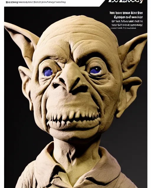 Image similar to 'magazine page with a picture of a clay sculpture of a goblin' clay sculpture, magazine, zoomed out, zoomed out, zoomed out