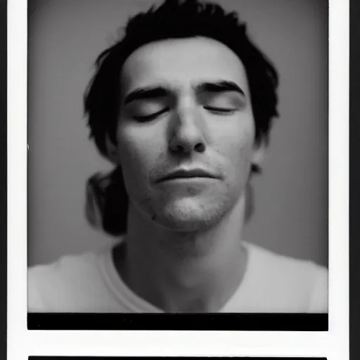 Prompt: a professional polaroid portrait photo of a man with an asymmetrical face with his eyes closed, dreaming. the man has black hair, light freckled skin and a look of panic on his face. extremely high fidelity. key light.