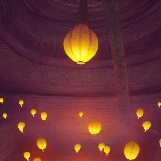 Image similar to concept art, lotus lanterns on the eve of ullambana festival, high resolution, cave temples of dunhuang - style, artstation