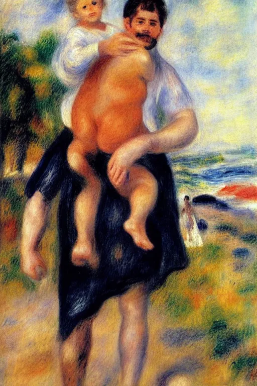 Prompt: a man holding his child over his shoulders walking near the beach, anatomically correct, painting by renoir, masterpiece