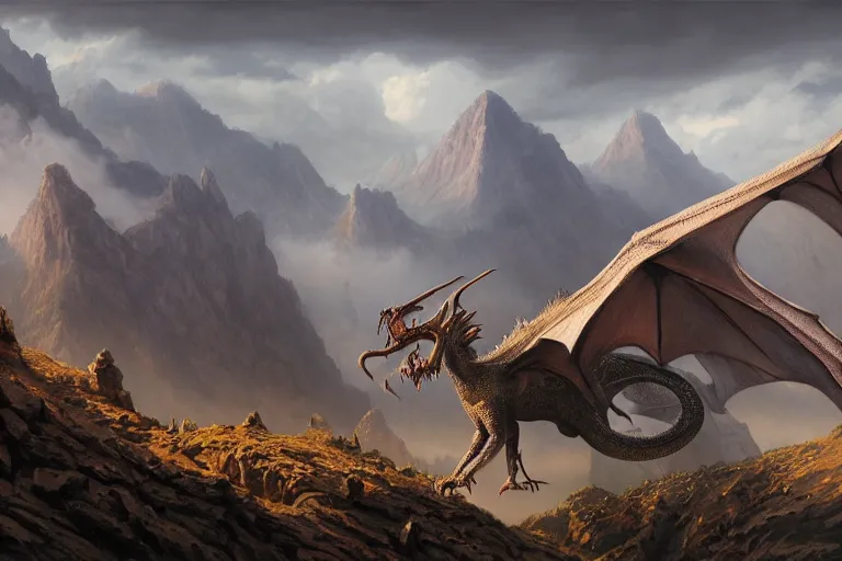 Prompt: Beautiful hyperrealistic detailed matte painting of a dragon on its hoard, looks like it's from lord of the rings and bazaar by greg rutkowski, andreas rocha and john howe, and Martin Johnson Heade,featured on artstation, ultrawide angle,f16 , golden ratio, f32, well composed, cohesive