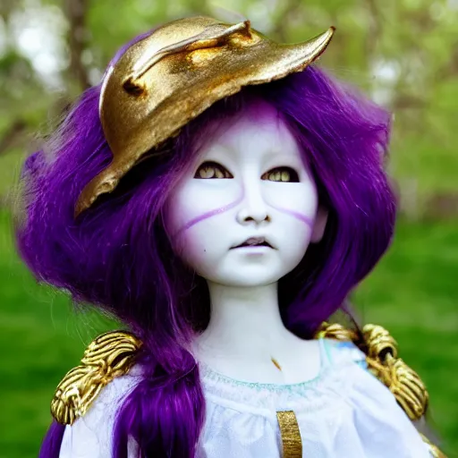 Prompt: blursed doll with long purple hair, green eyes, porcelain, photography, mattell, antique, 90s, haunted, sitting under a tree, gingerbread, Victorian, ball jointed, scythe, realistic, broken, gold filled cracks, mist