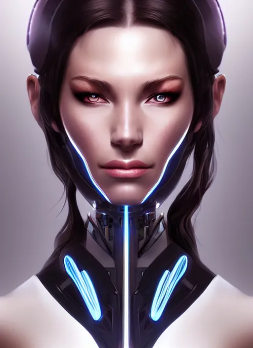 Image similar to portrait of a cyborg woman by Artgerm, face turns left (((((face turns right))))), eyes closed , biomechanical, hyper detailled, trending on artstation
