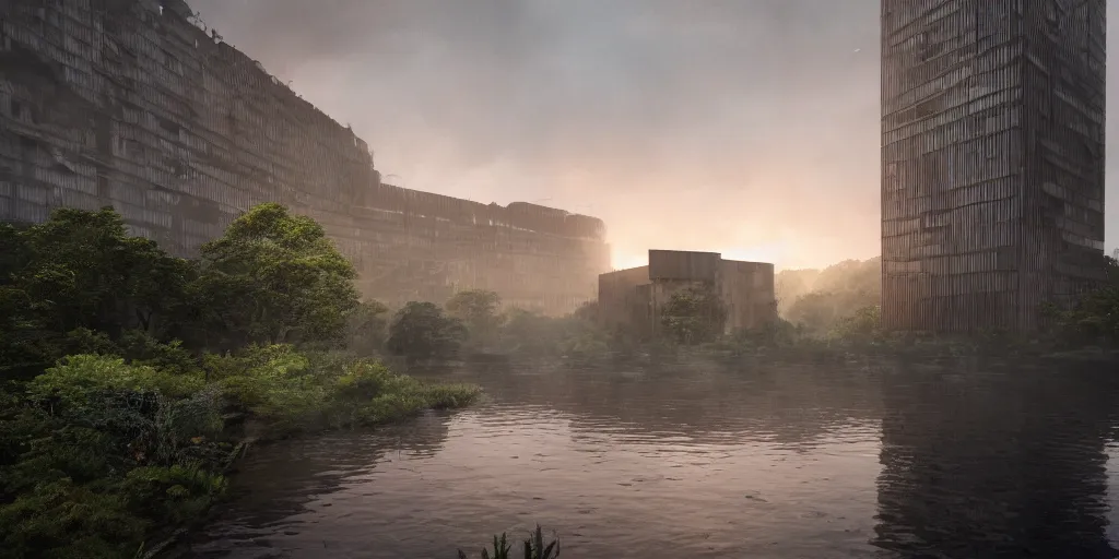 Prompt: an extremely detailed building, brutalist architecture, gargantuan in size, surrounded by lush green forest and murky ponds of water, stunning volumetric lighting, sunset, rusted steel, smooth concrete, stunning skies, trending on Artstation, 8k, photorealistic, hyper detailed, unreal engine 5, IMAX quality, cinematic, epic lighting, in the style of the game DOOM, by Greg Rutkowski