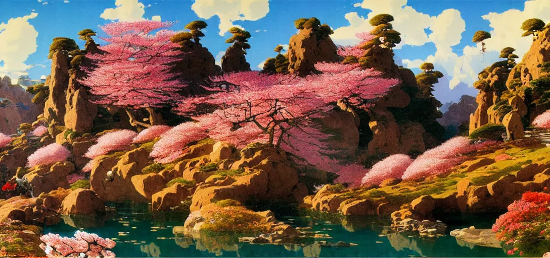 Image similar to ghibli illustrated background of a strikingly beautiful landform with strange rock formations and red water and cherry blossoms by vasily polenov, eugene von guerard, ivan shishkin, albert edelfelt, john singer sargent, albert bierstadt 4 k