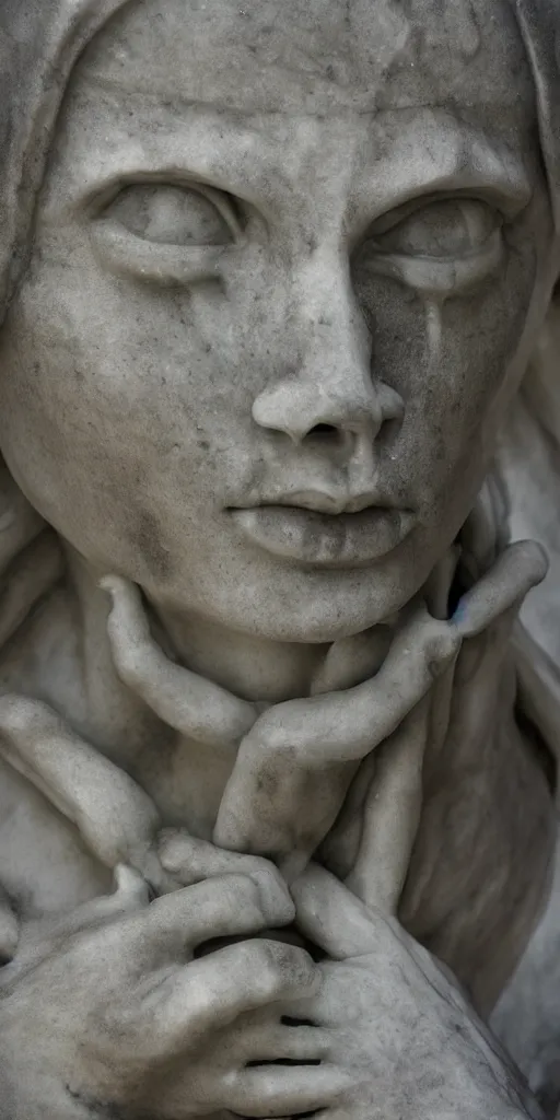 Image similar to weird marble statue close up in a dark room, creepy and eerie athmosphere, mist, godrays, photorealistic, hd,