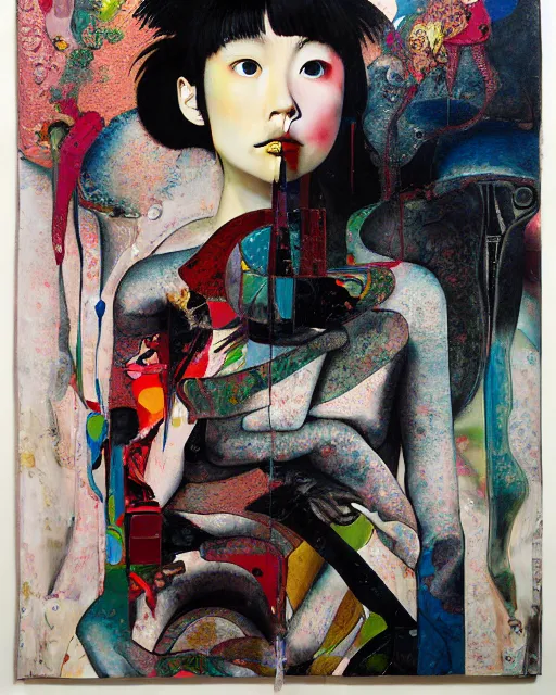 Prompt: decollage painting young japanese actress struggling in a ruined city by adrian ghenie and takato yamamoto and edward hopper and mark ryden and tsutomu nihei, part by bridget riley, acrylic pour and splashing paint, very coherent, baroque elements, perfect anatomy, intricate design. pop art.