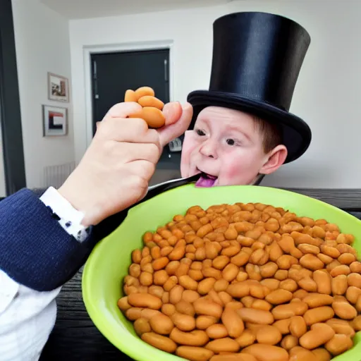 Prompt: stock photo of a small man eating heinz beans out of a bowler hat