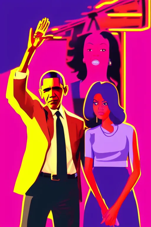 Image similar to obama and his daughter, gta vice city style art, pop art, no duplicate image, glowing lights, ultra details, digital painting, artstation, concept art, smooth, sharp focus, illustration, intecrate details, art by richard hamilton and mimmo rottela, pixels art by kirokaze and paul robertson