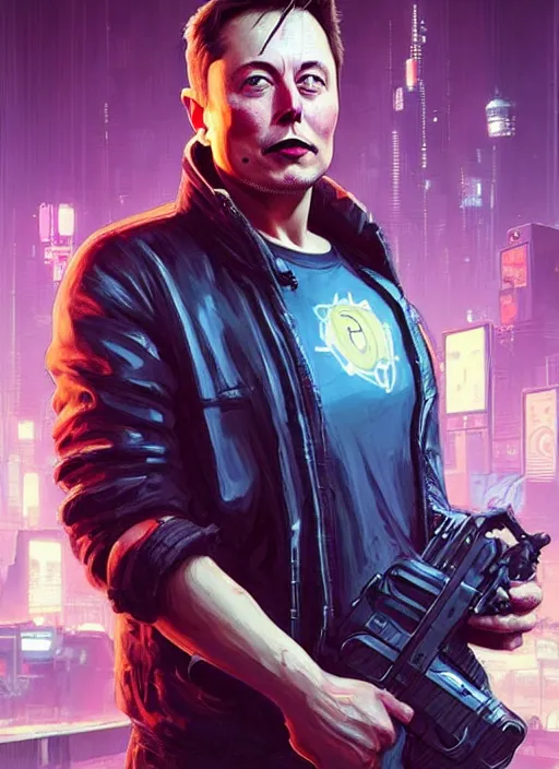 Prompt: portrait of elon musk as a homeless character in cyberpunk 2 0 7 7, looking at camera, intricate, dystopian, sci - fi, extremely detailed, digital painting, artstation, concept art, smooth, sharp focus, illustration, intimidating lighting, incredible art by artgerm and greg rutkowski and alphonse mucha and simon stalenhag