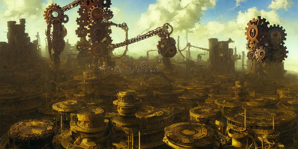 Prompt: giant interlocked gears cogs floating in the sky no people clockwork, giant mechanisms, industry, villages castles, buildings vista artstation illustration sharp focus sunlit vista painted by ruan jia raymond swanland lawrence alma tadema zdzislaw beksinski norman rockwell tom lovell alex malveda greg staples